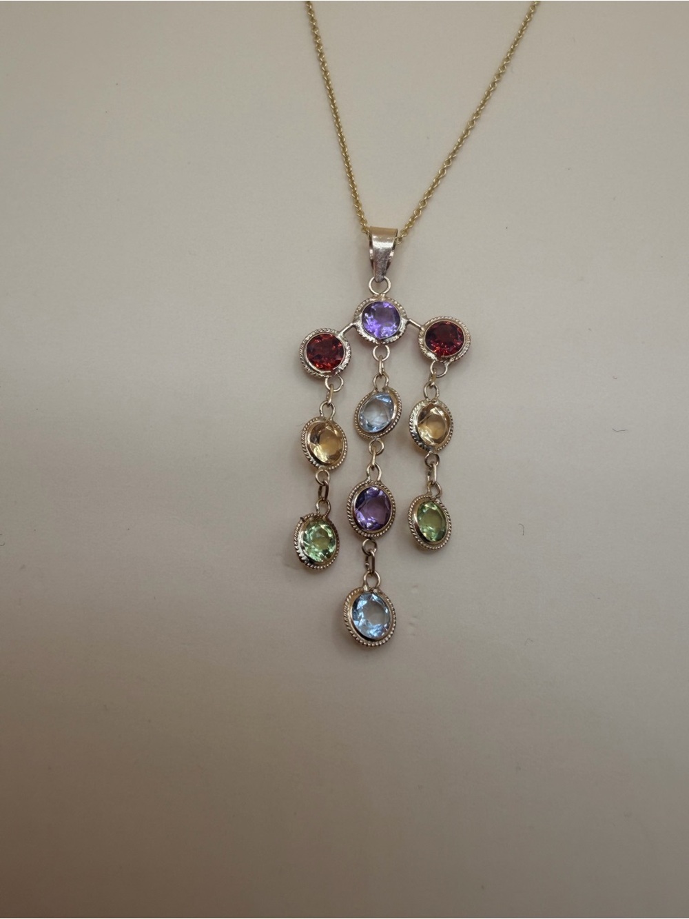14k Yellow Gold Amethyst Citrine Garnet Peridot & Topaz Pendant 16 Inches chain.
